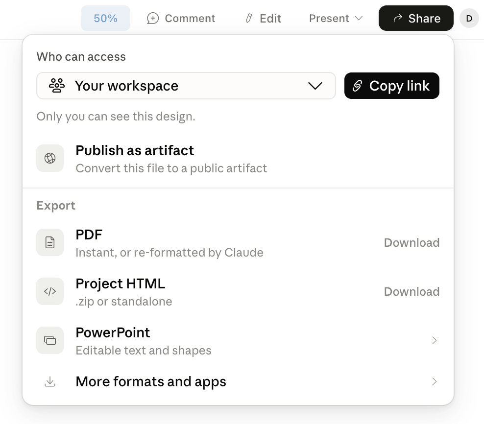 Exporting a PNG from the Claude Design canvas